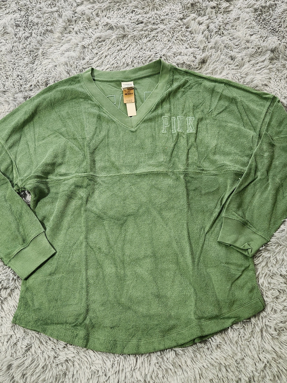 Victoria's Secret PINK Green Long Sleeve V-Neck Terry Shirt